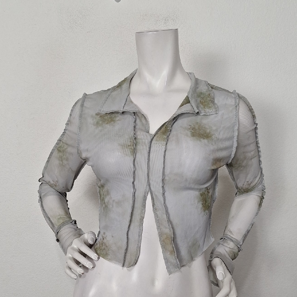 12th Tribe "NEW" Gray Green Patterned Sheer Grunge Long Sleeve Crop Top Size S